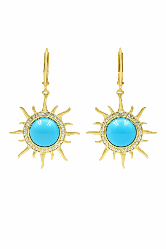 Gold Plated 10mm Sleeping Beauty Turq & White Zircon Sun Drop Earrings