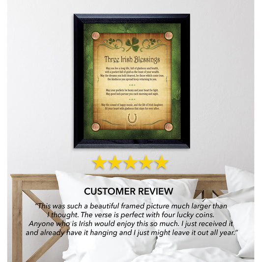 Three Irish Blessings with 4 Lucky Irish Pennies 16" x 14" Wall Frame