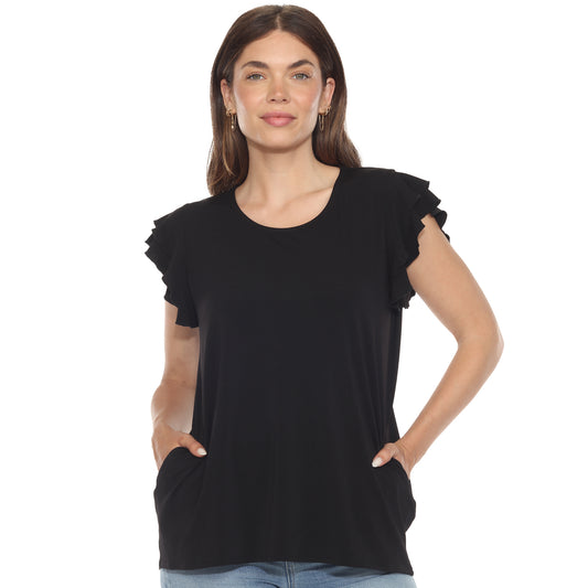 White Mark Women's Ruffle Sleeve Short Sleeve Solid Top
