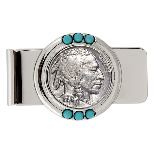 Buffalo Nickel Coin 1913-1938 Turquoise Accented Money Clip