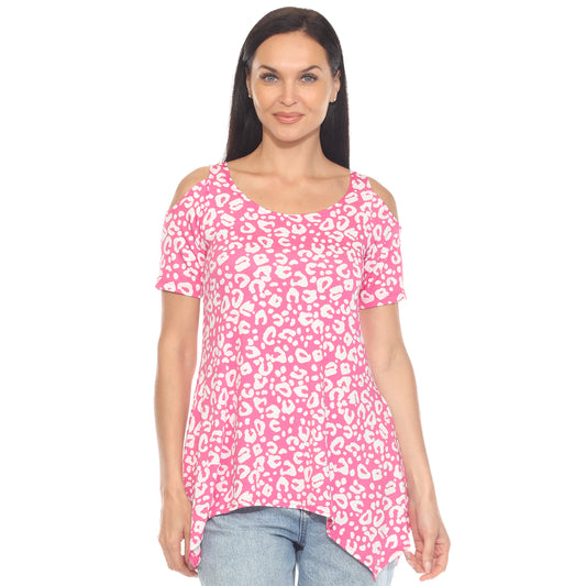 White Mark Women's Leopard Print Cold Shoulder Short Sleeve Tunic