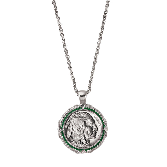 Buffalo Nickel Coin 1913-1938 Green Enamel Halo Pendant with 24" Chain + 3" Extender