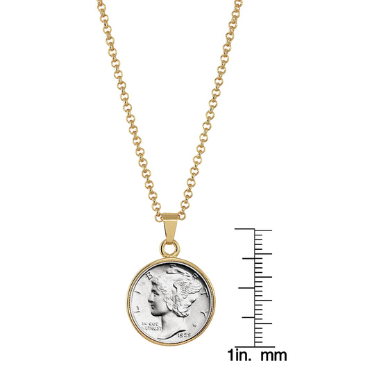 Silver Mercury Dime Goldtone Coin Pendant with 18" Chain