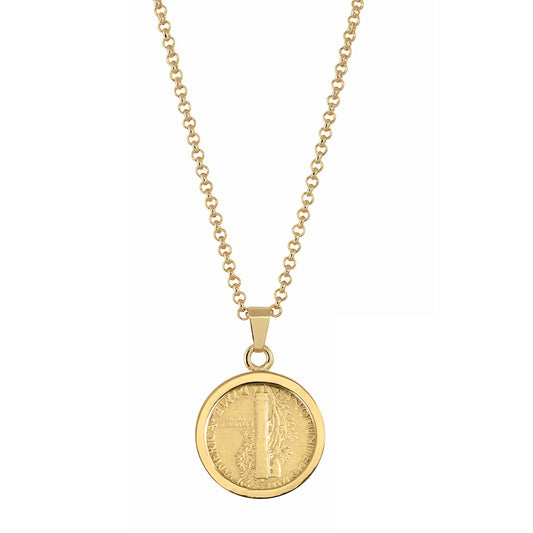 1916-1945 Gold-Layered Silver Mercury Dime Gold-tone Coin Pendant Necklace with 18" Chain