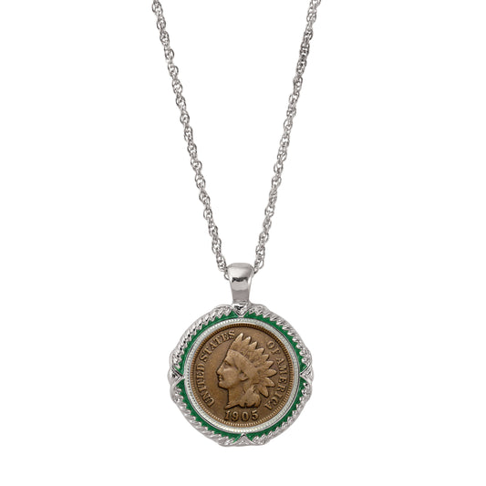 1859-1909 Indian Head Penny Green Enamel Coin Pendant Necklace