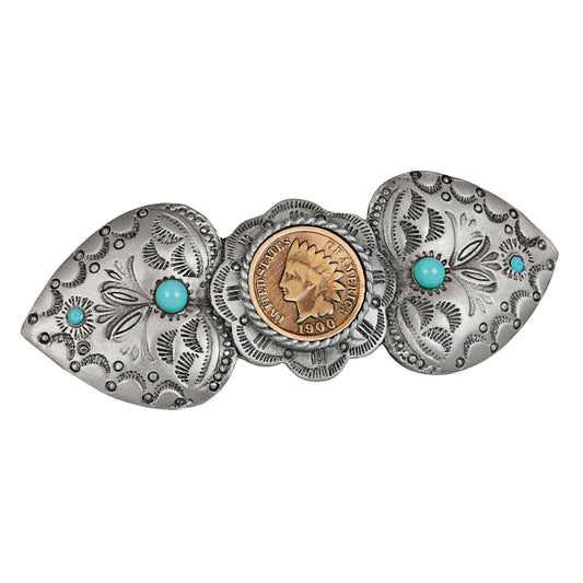 Indian Head Penny Pewter Turquoise Color Glass Western Hair Barrette