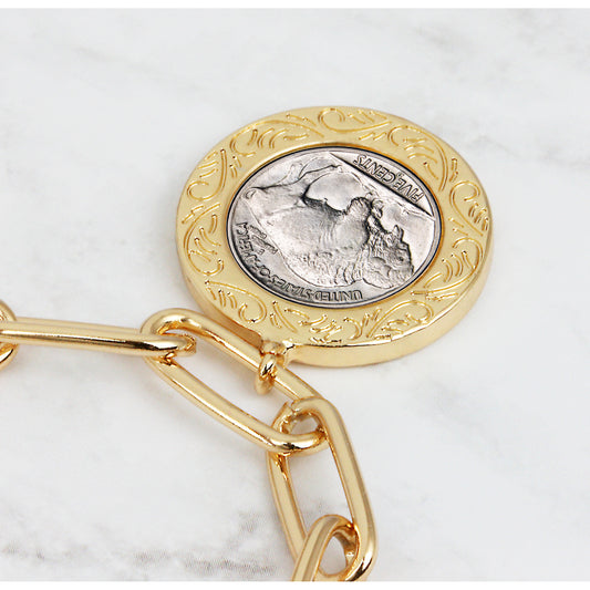 1913-1938 Minted Buffalo Nickel Coin Gold-tone Elongated Link Bracelet
