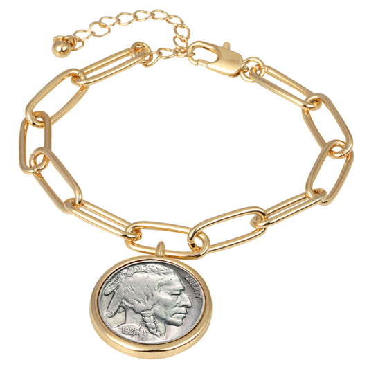 1913-1938 Minted Buffalo Nickel Coin Gold-tone Elongated Link Bracelet