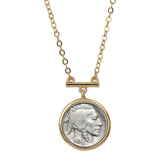 Buffalo Nickel Coin Goldtone Bar Necklace with 18-inch Chain