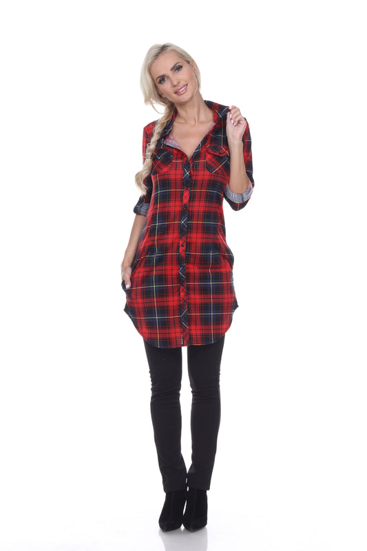 White Mark Women's Piper Stretch Plaid Rounded Hem Tunic Top