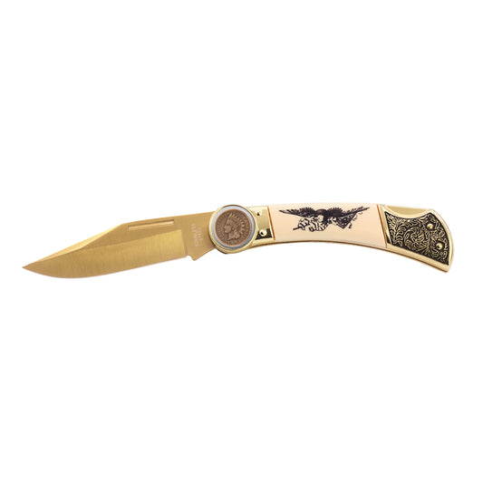 1859-1909 Indian Head Penny Pocket Knife w/ American Bald Eagle and United States Flag Design