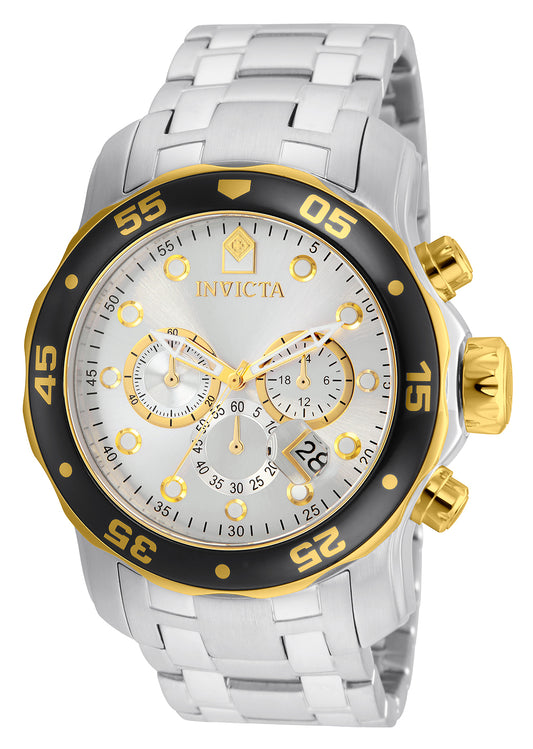 Invicta Men's 48mm Pro Diver Scuba Quartz Chrono Silvertone Black Bezel Bracelet Watch