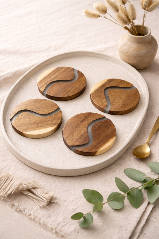 Busa Designs Ibiza Teak Wood & Resin 4-Piece Coaster Set