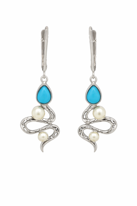 Sterling Silver Sleeping Beauty Turquoise & Pearl Snake Drop Earrings