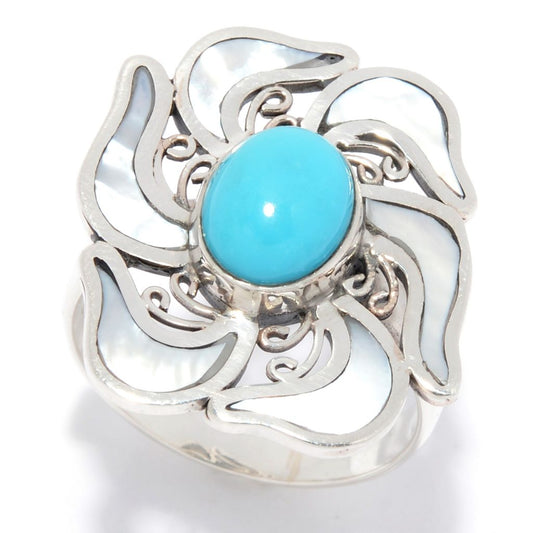 Artisan Silver by Samuel B. Sleeping Beauty Turquoise & Mother-of-Pearl Flower Ring, 5.89 grams