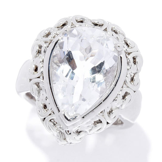 Platinum Plated 15x10mm White Topaz Pear-Shaped Byzantine Ring