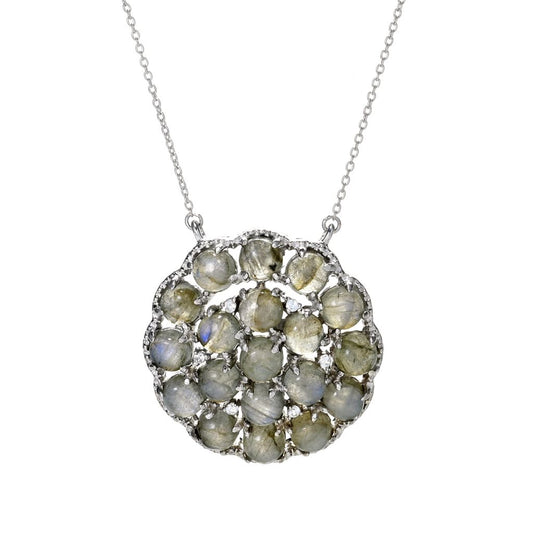 Platinum Plated Labradorite Bauble & White Zircon Pendant w/ Chain