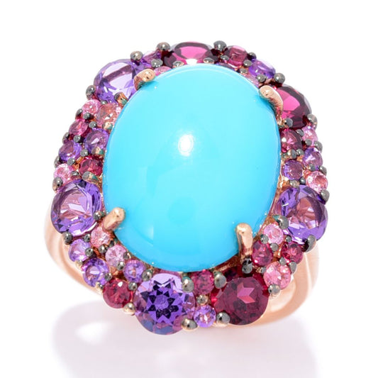 Gem Treasures 16x12mm Sleeping Beauty Turquoise & Gemstone Halo Ring