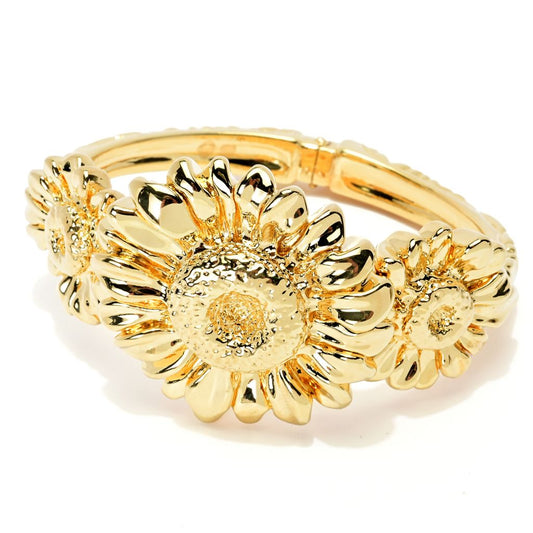Graziella 23K Gold Plated Electroform Sunflower Hinged Cuff Bracelet