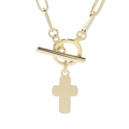Toscana Italiana 18K Gold Plated Cross Charm Paperclip Toggle Necklace