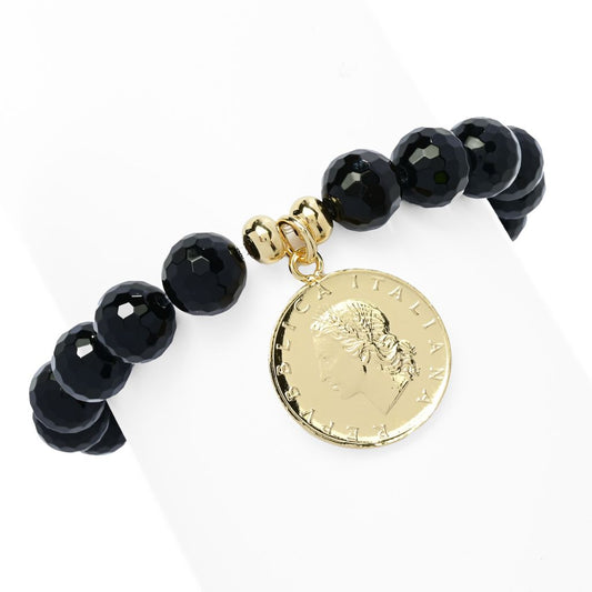 Toscana Italiana 18K Gold Plated 10m Bead Gem & Genuine 20 Lire Stretch Bracelet