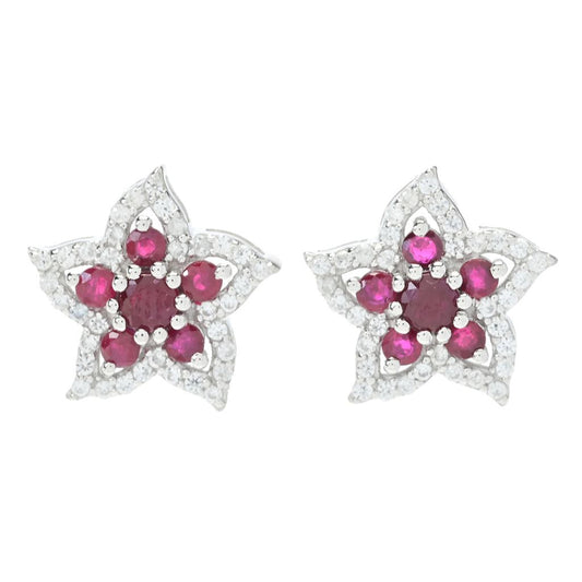 Gem Treasures Burmese Ruby & Zircon Flower Stud Earrings