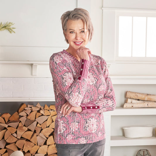 Christopher & Banks Floral Print Rib Knit Long Sleeve Tee