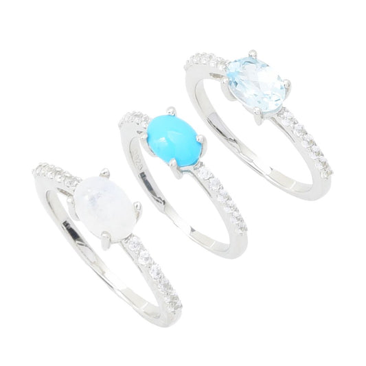 Platinum Plated Sleeping Beauty Turquoise, Moonstone & Blue Topaz Set of 3 Rings