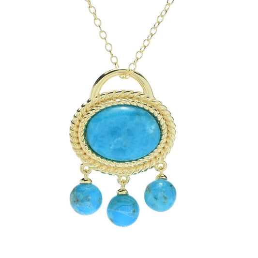 18K Gold Plated Blue Mohave Turquoise Rope Detailed Bead Fringe Pendant with Chain