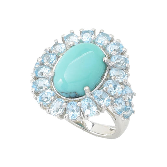 Platinum Plated 14x10mm Campitos Turquoise & Sky Blue Topaz Halo Ring