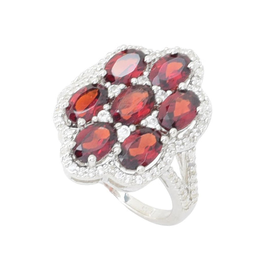 Platinum Plated 4.95ctw Garnet & White Zircon Cluster Ring