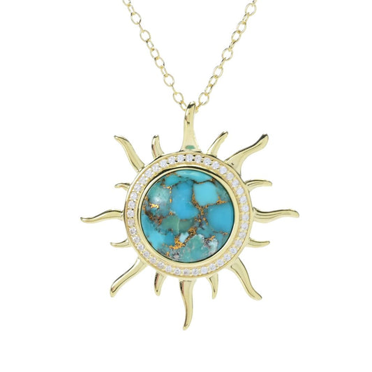 18K Gold Plated 12mm Blue Copper Turquoise & Zircon Sun Pendant
