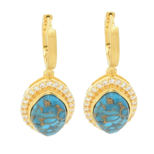 18K Gold Plated 14x9mm Blue Copper Turquoise & Zircon Drop Earrings