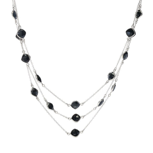 Platinum Plated 7mm Black Onyx Station Triple Row Layered Necklace