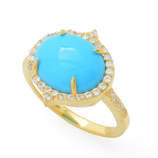 18K Gold Plated 12x10mm Sleeping Beauty Turquoise & Zircon East-West Ring