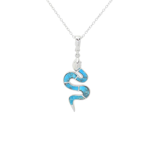 Platinum Plated Blue Mohave Turquoise Inlay Snake Pendant with 18" Chain