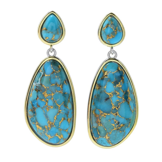 Two-tone 24x13mm Blue Copper Turquoise Drop Earrings
