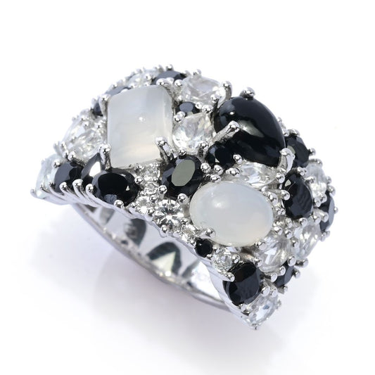 Gem Treasures Sterling Silver Black & White Gemstone Wide Band Ring