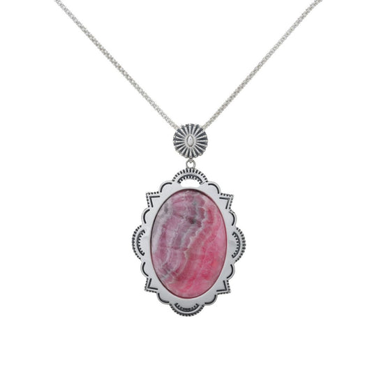 Southwest Elements Sterling Silver 30x20mm Oval Rhodochrosite Pendant w/ Chain