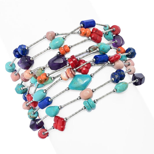 Southwest Elements Sterling Silver Multi-Gemstone 10-Strand Bracelet