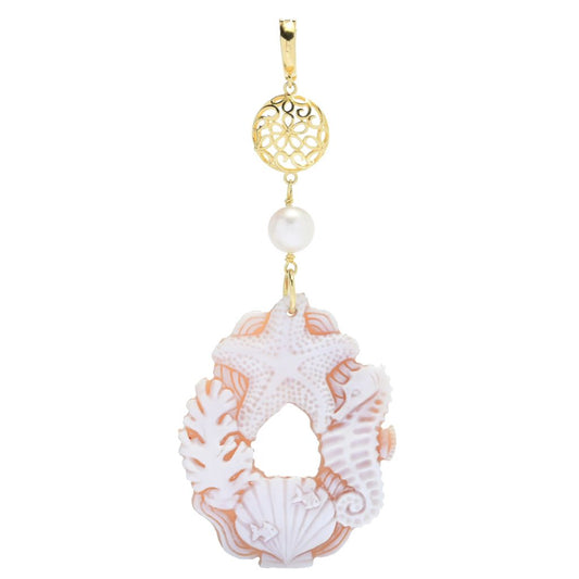 Cameo Italiano "Elysse" 60x45mm Shell Cameo & Cultured Pearl Sea Life Pendant