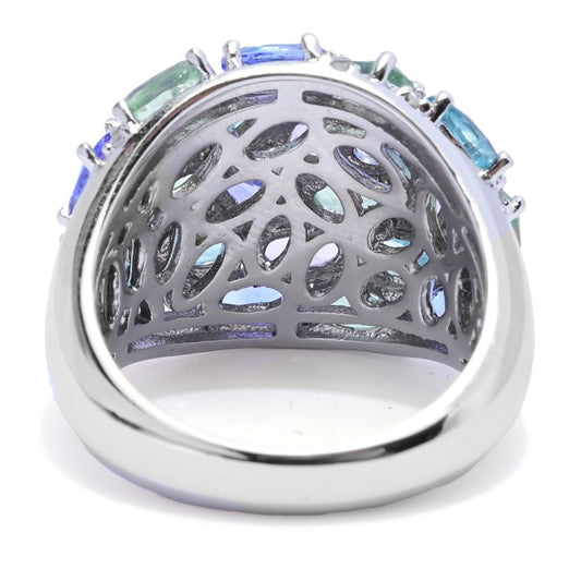 Platinum Plated 6.43ctw Multi Gemstone Cluster Hues of Blue Ring