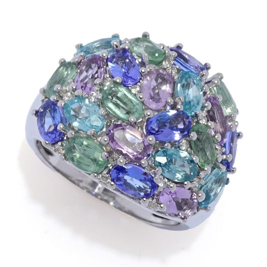 Platinum Plated 6.43ctw Multi Gemstone Cluster Hues of Blue Ring