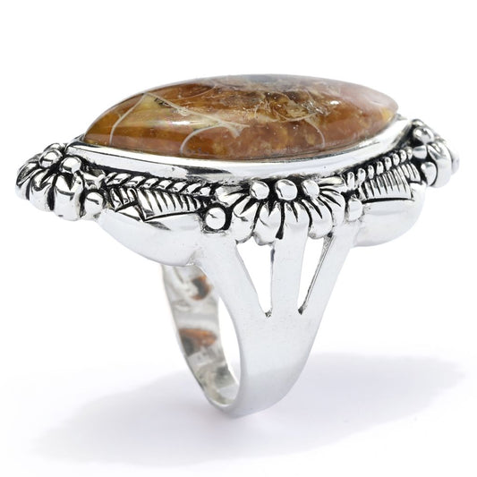 Southwest Elements Sterling Silver 24x12mm Marquise Shape Ammonite Shell Ring
