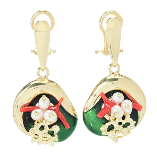 Graziella 23K Gold Plated Electroform Cultured Pearl Sea Life Earrings