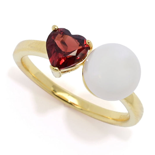 18K Gold Plated Freshwater Pearl & Heart Shape Gem "Toi et Moi" Ring