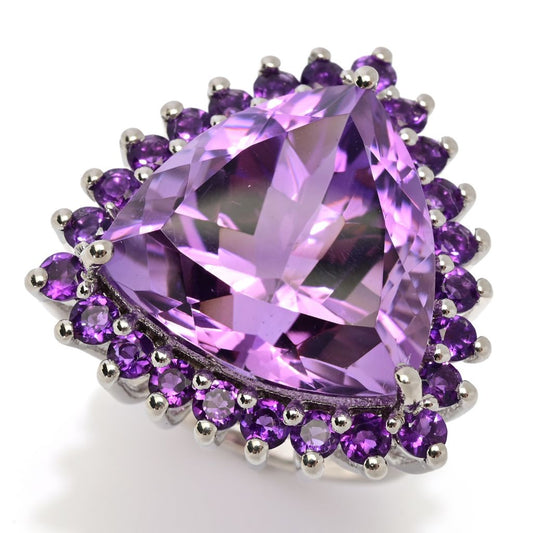 Platinum Plated "Hollywood" 17.92ctw Trillion Shape Brazilian Amethyst Halo Ring