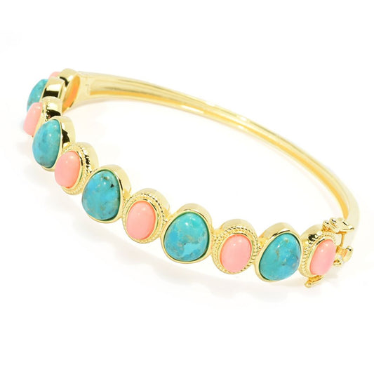 18K Gold Plated Pink Coral & Blue Mohave Turquoise 7.25" Hinged Bangle Bracelet