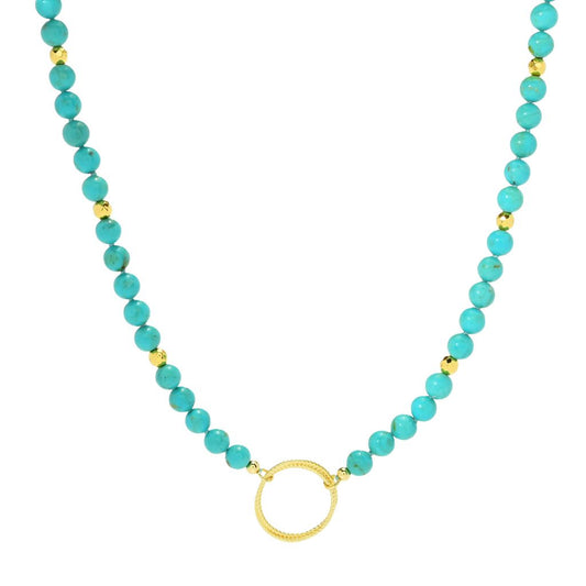 18K Gold Plated 6mm Turquoise Bead & Hematite Charm Holder Necklace