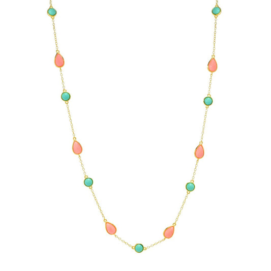 18K Gold Plated Pink Coral & Campitos Turquoise 20"+2" Station Necklace